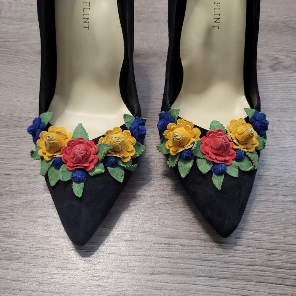 Sarah Flint Perfect Pump 100 Black Suede Floral Applique Heels Women US 8.5 38.5 - Picture 6 of 10